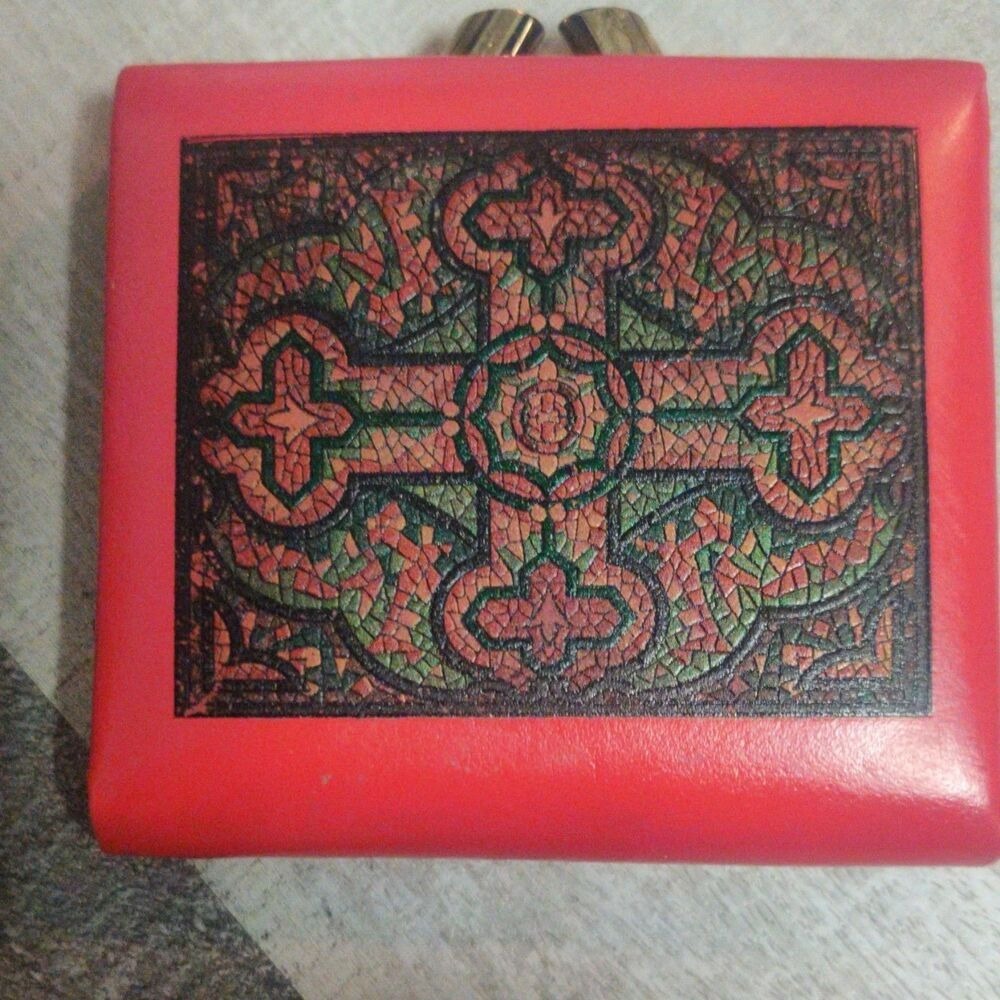 Vintage Red Mosaic Cross Coin Purse Kiss Lock Double Compartment Faux Leather